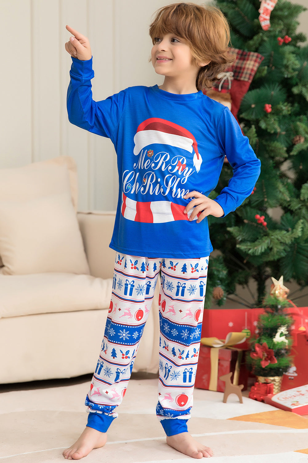 Blue Merry Christmas Printed Long Sleeves Family Matching Pajamas