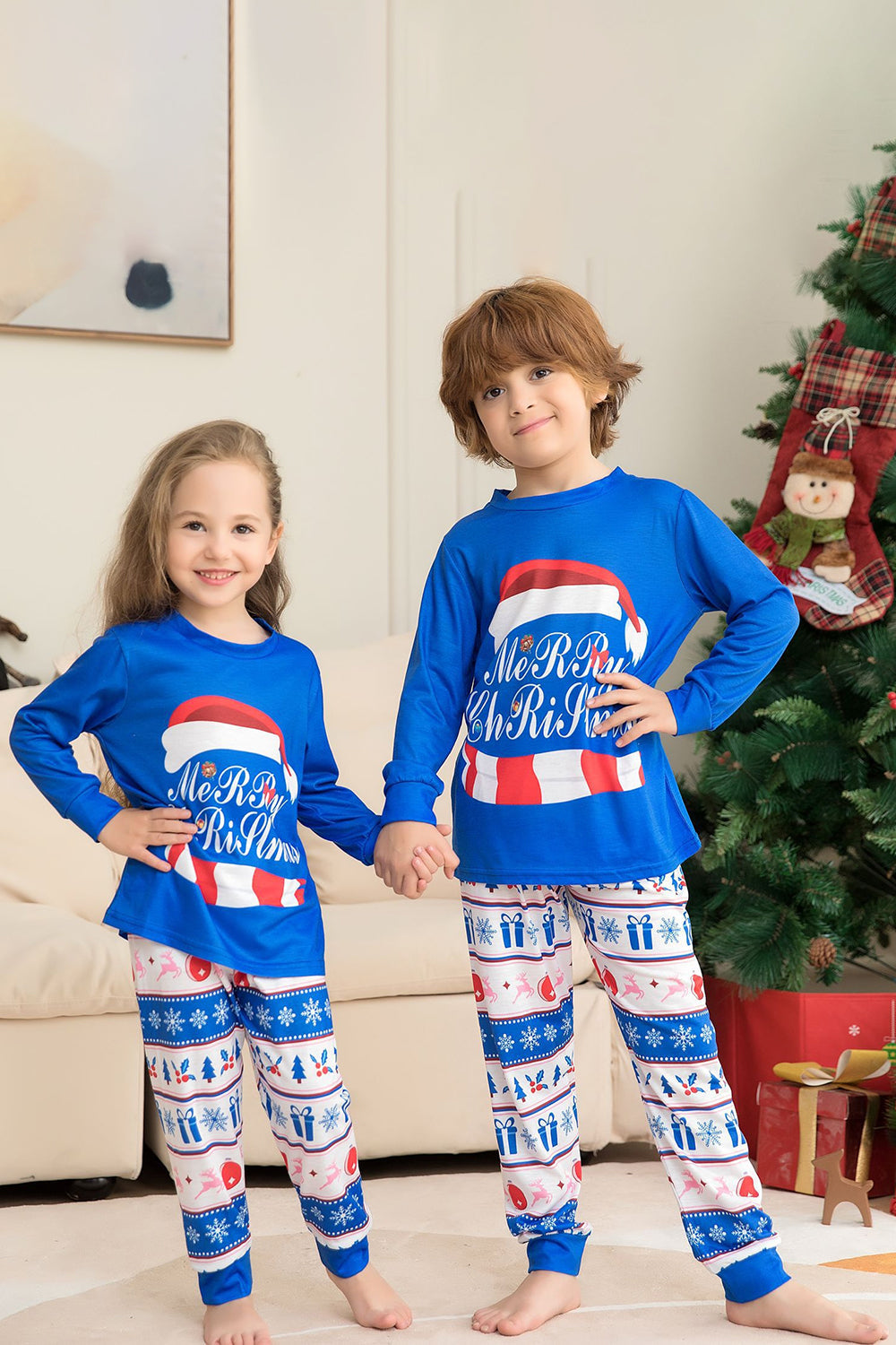 Blue Merry Christmas Printed Long Sleeves Family Matching Pajamas
