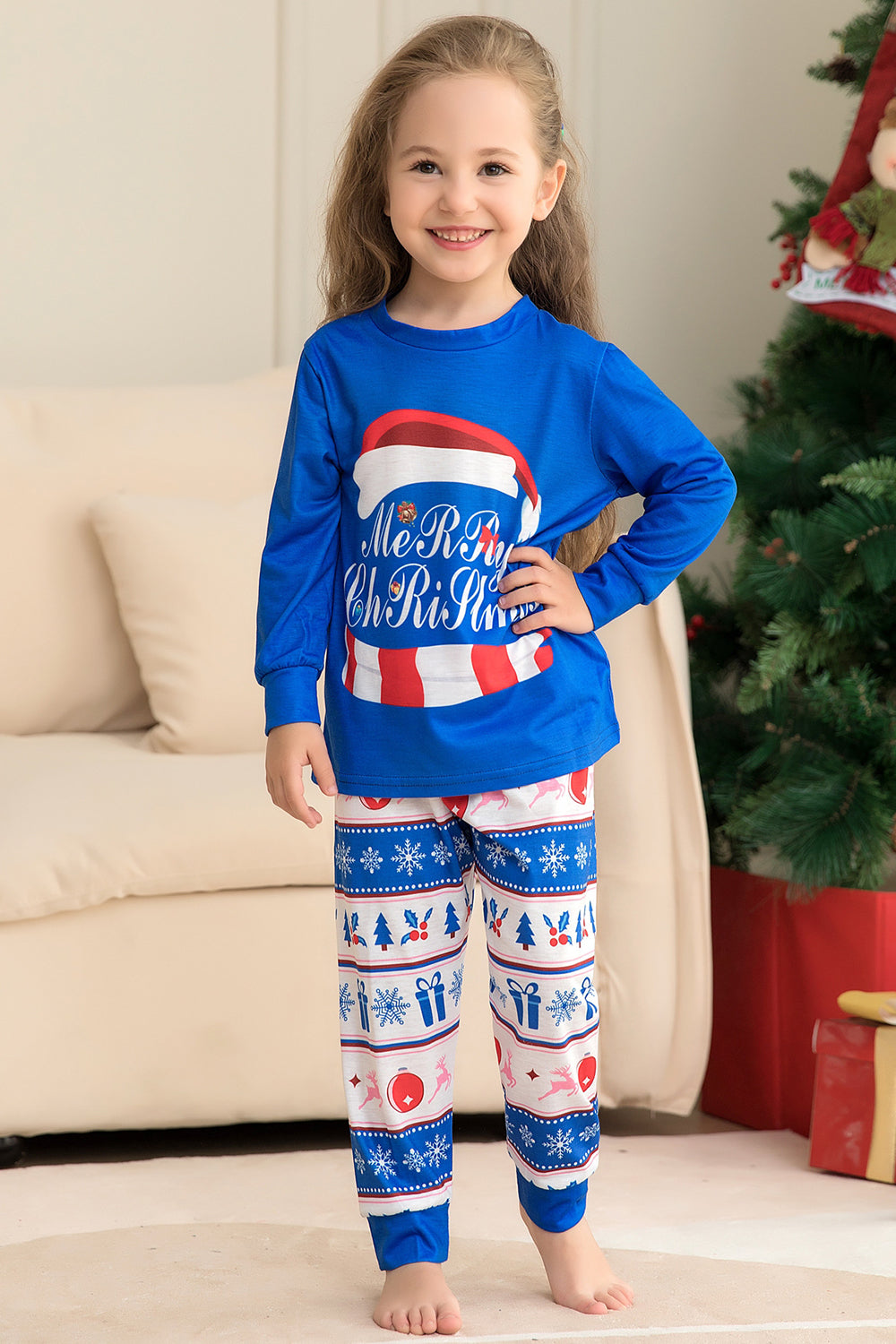 Blue Merry Christmas Printed Long Sleeves Family Matching Pajamas