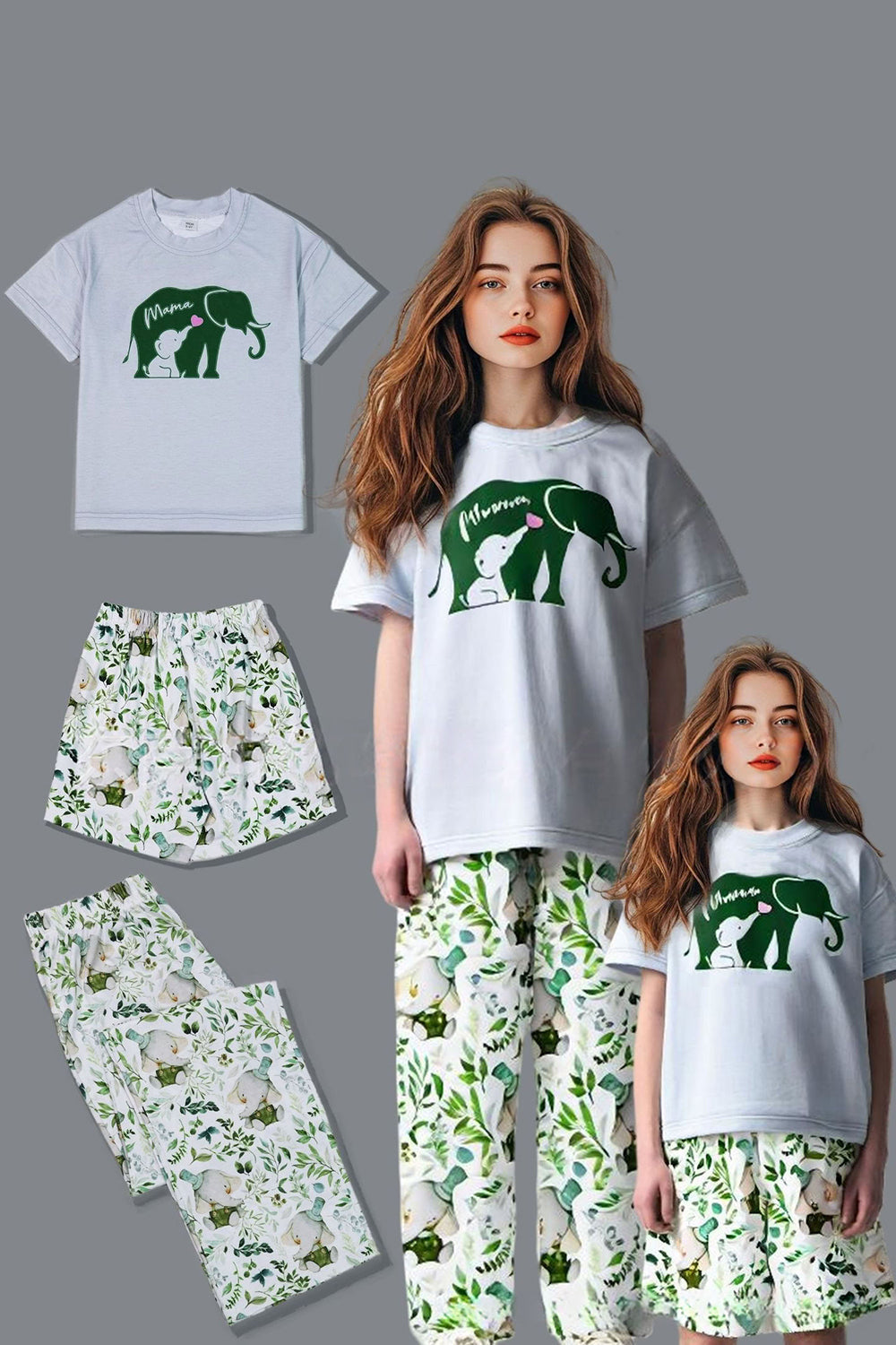 White Green Floral Printed Short Sleeves Matching Family Pajamas