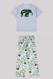 White Green Floral Printed Short Sleeves Matching Family Pajamas