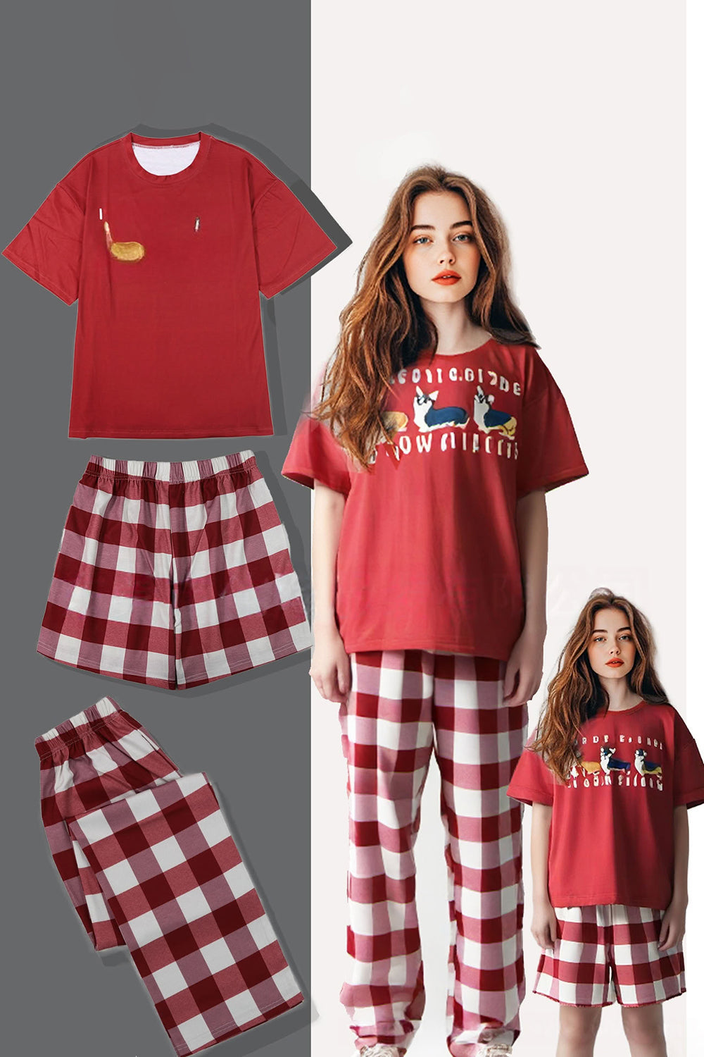 Red Dog Printed Plaid Short Sleeves Matching Family Pajamas