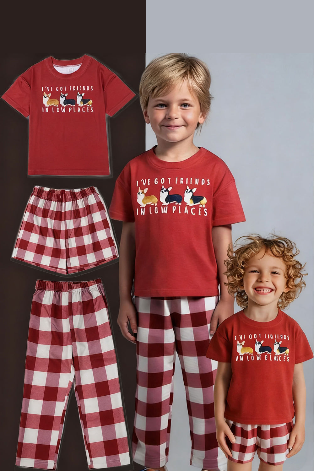 Red Dog Printed Plaid Short Sleeves Matching Family Pajamas