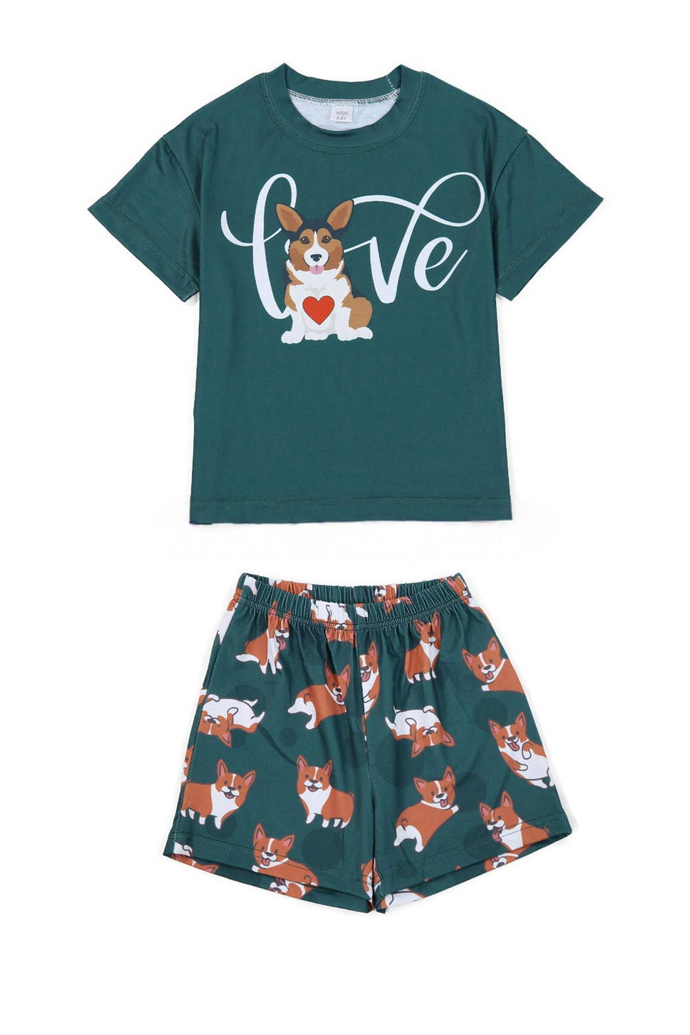 Dark Green Dog Printed Short Sleeves Matching Family Pajamas