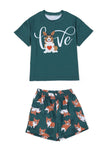Dark Green Dog Printed Short Sleeves Matching Family Pajamas