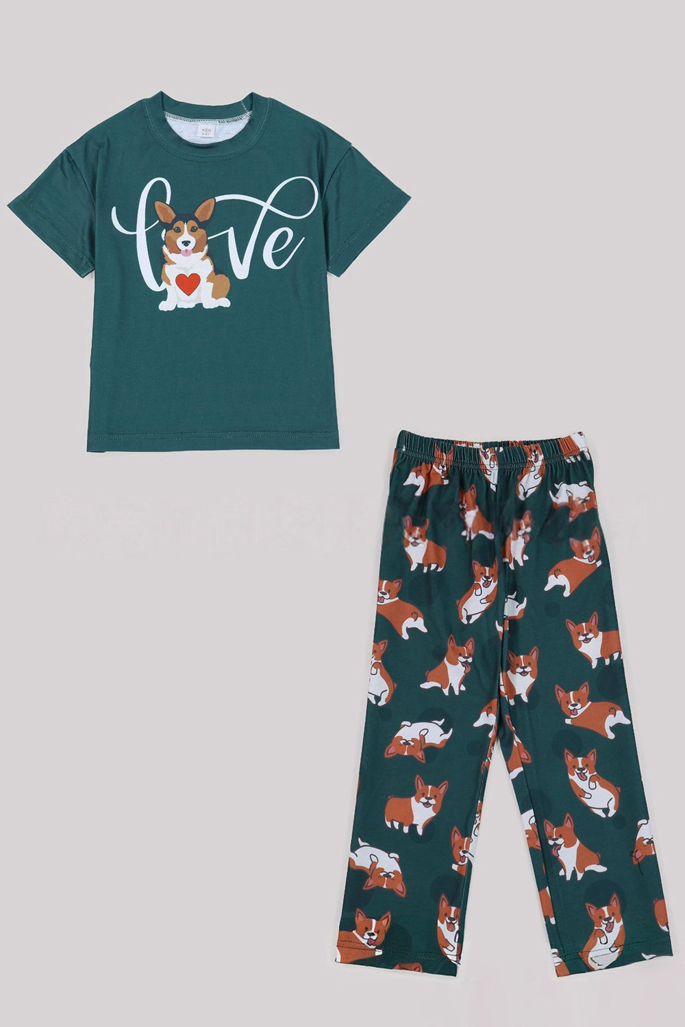 Dark Green Dog Printed Short Sleeves Matching Family Pajamas