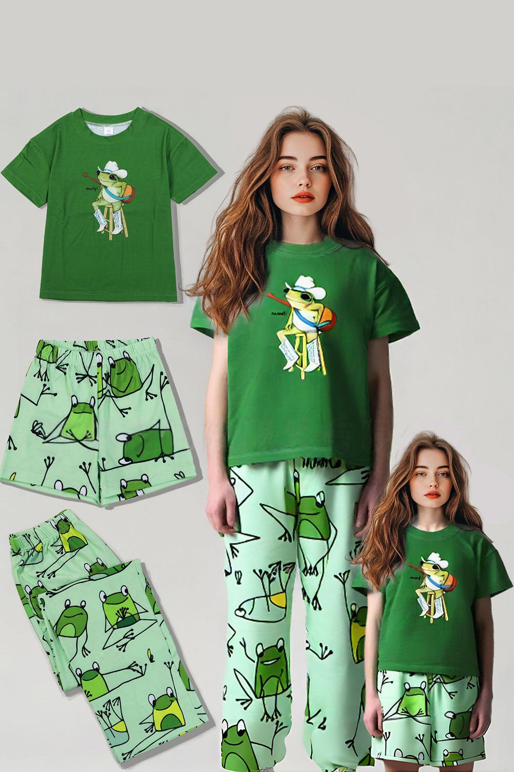 Green Frog Printed Short Sleeves Matching Family Pajamas
