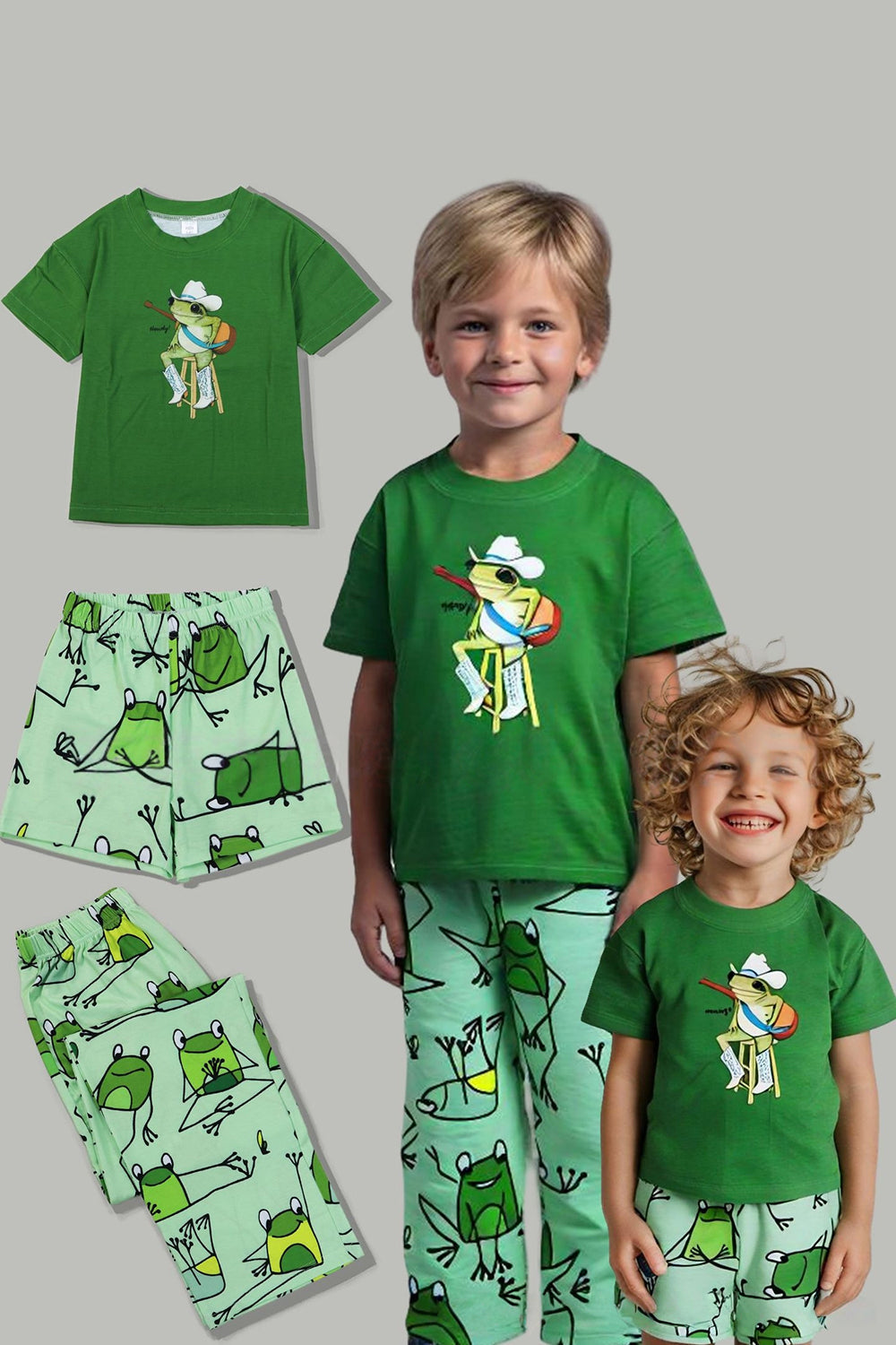 Green Frog Printed Short Sleeves Matching Family Pajamas