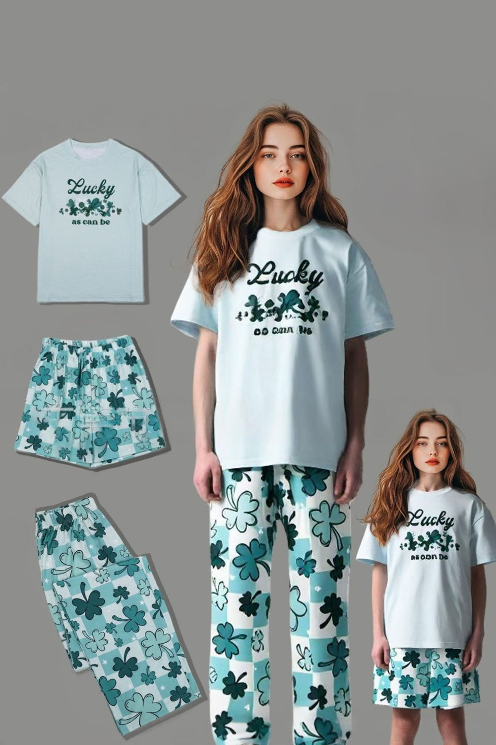 Light Blue Printed Short Sleeves Matching Family Pajamas