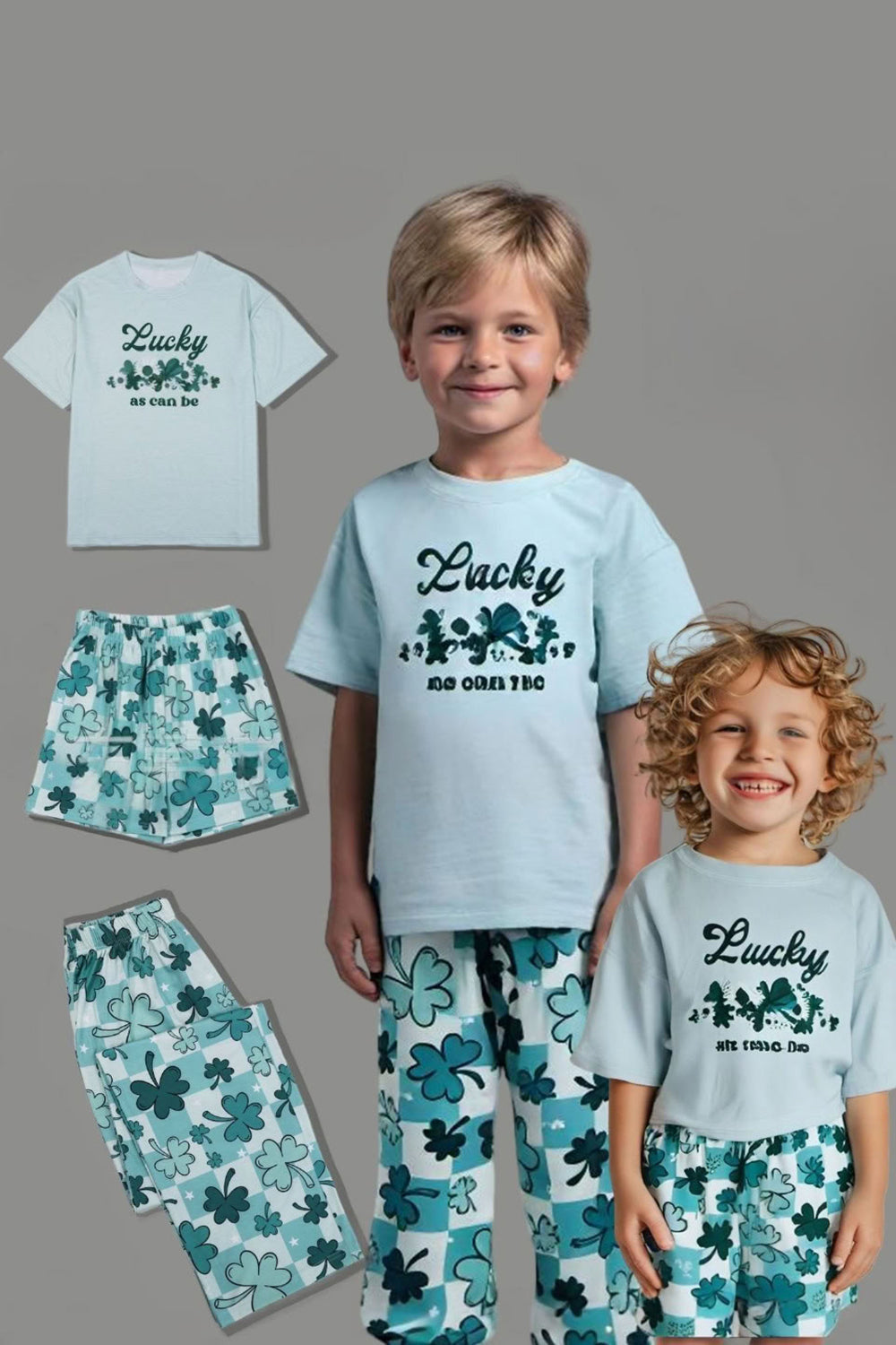 Light Blue Printed Short Sleeves Matching Family Pajamas