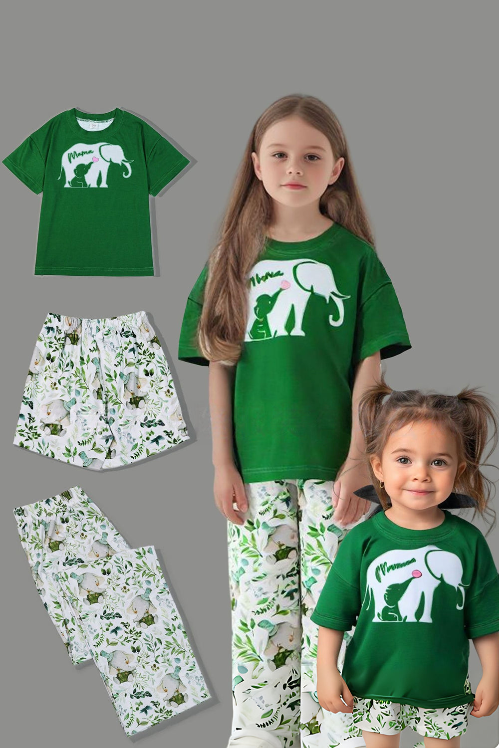Dark Green Printed Short Sleeves Matching Family Pajamas