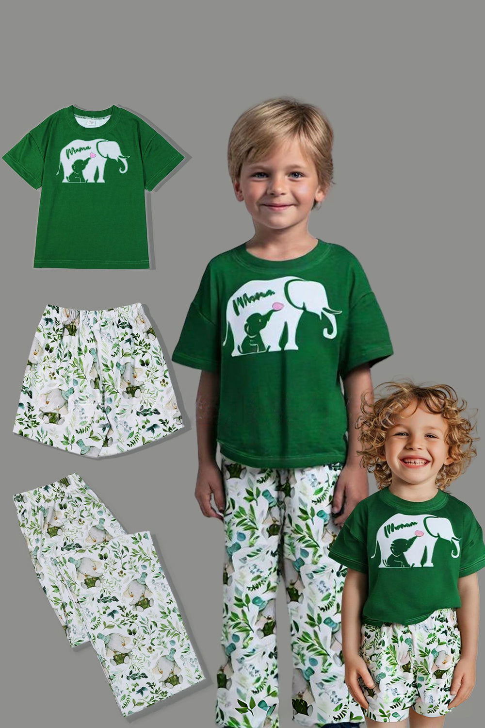 Dark Green Printed Short Sleeves Matching Family Pajamas