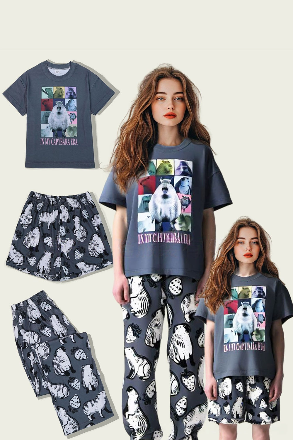 Dark Grey Animal Printed Short Sleeves Family Matching Pajamas