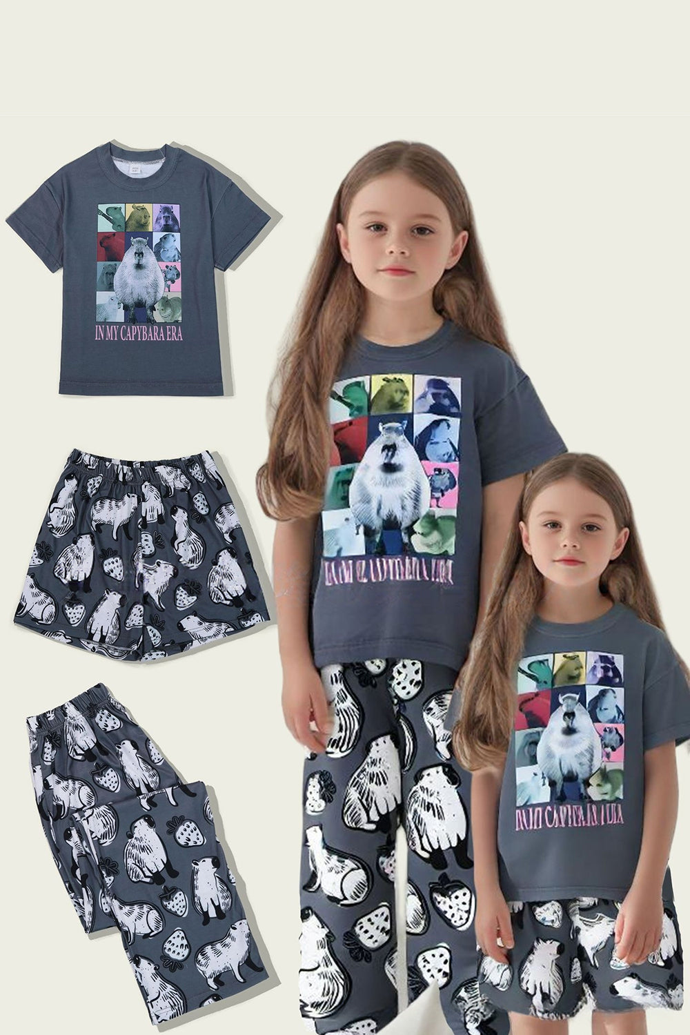 Dark Grey Animal Printed Short Sleeves Family Matching Pajamas