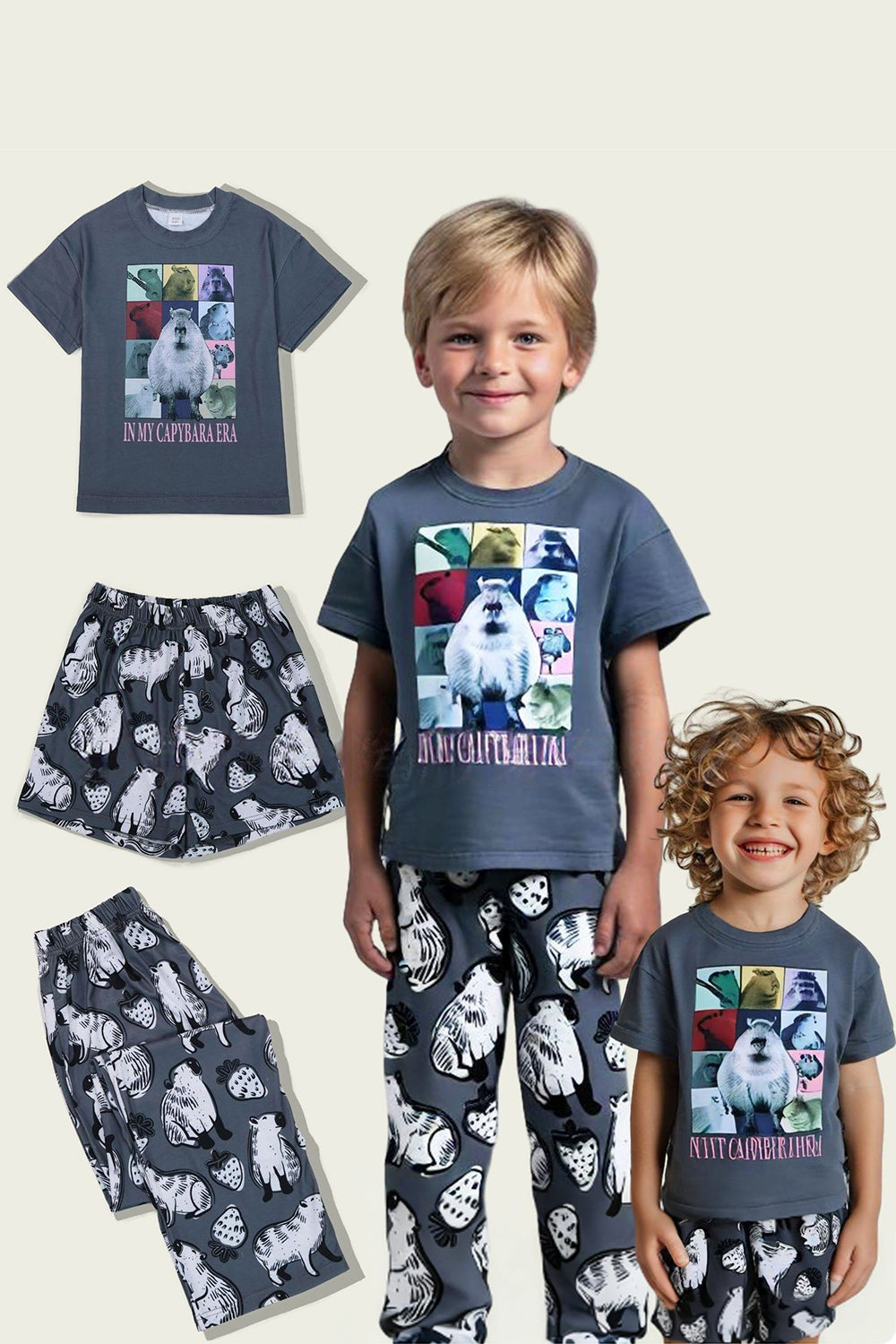 Dark Grey Animal Printed Short Sleeves Family Matching Pajamas