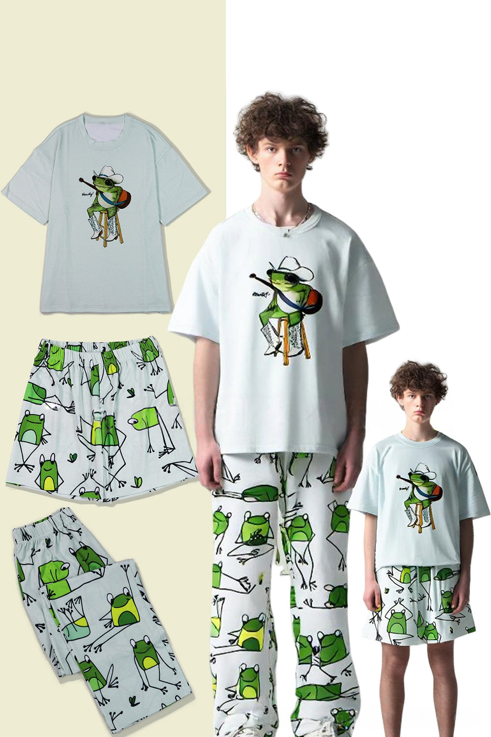 Light Green Cute Animal Printed Short Sleeves Matching Family Pajamas