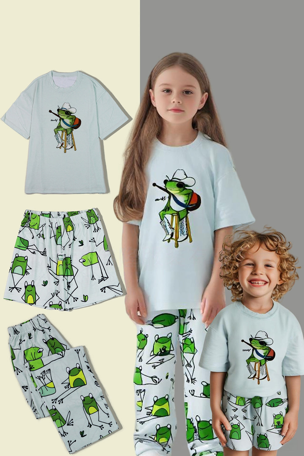Light Green Cute Animal Printed Short Sleeves Matching Family Pajamas