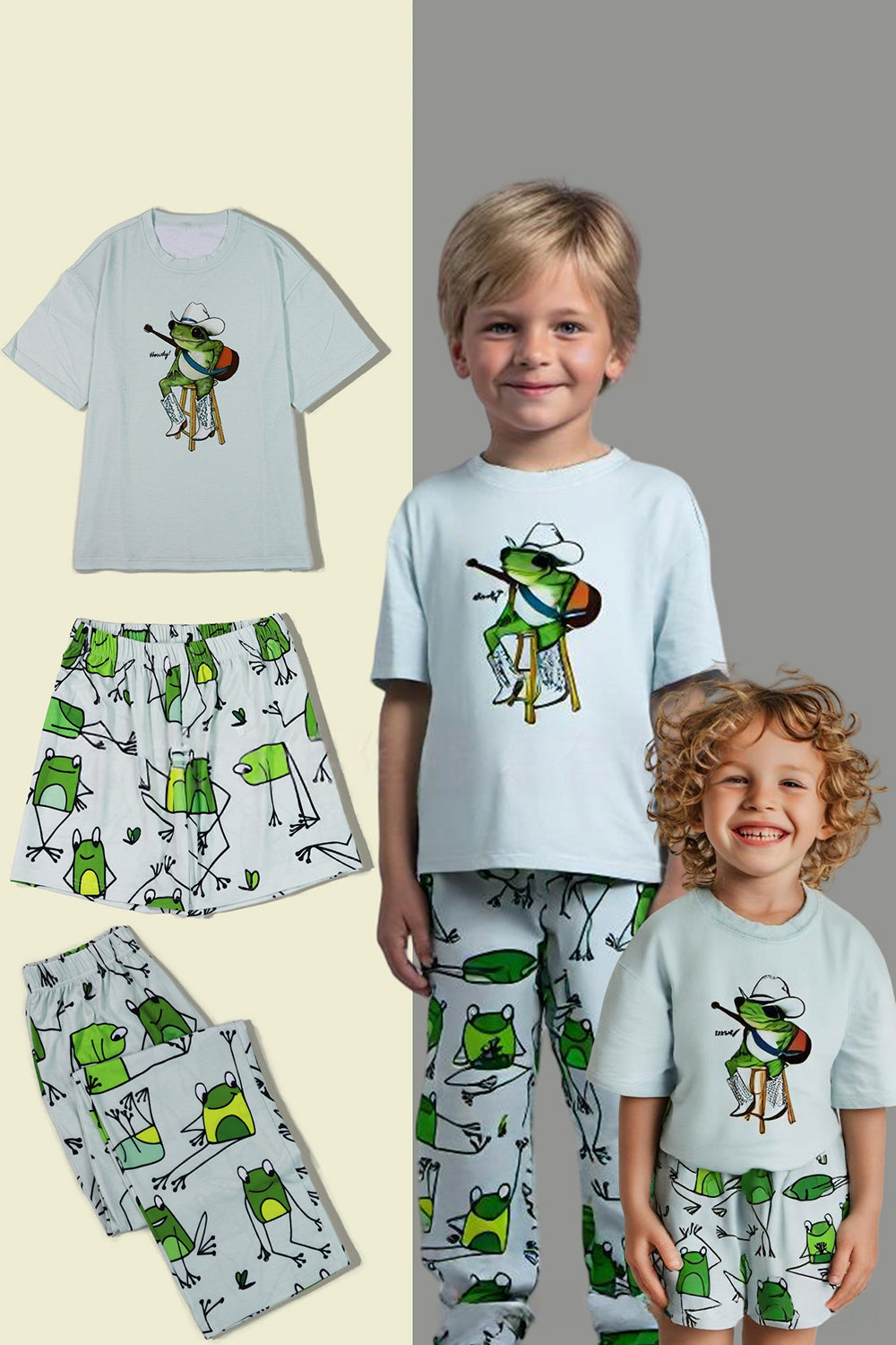 Light Green Cute Animal Printed Short Sleeves Matching Family Pajamas