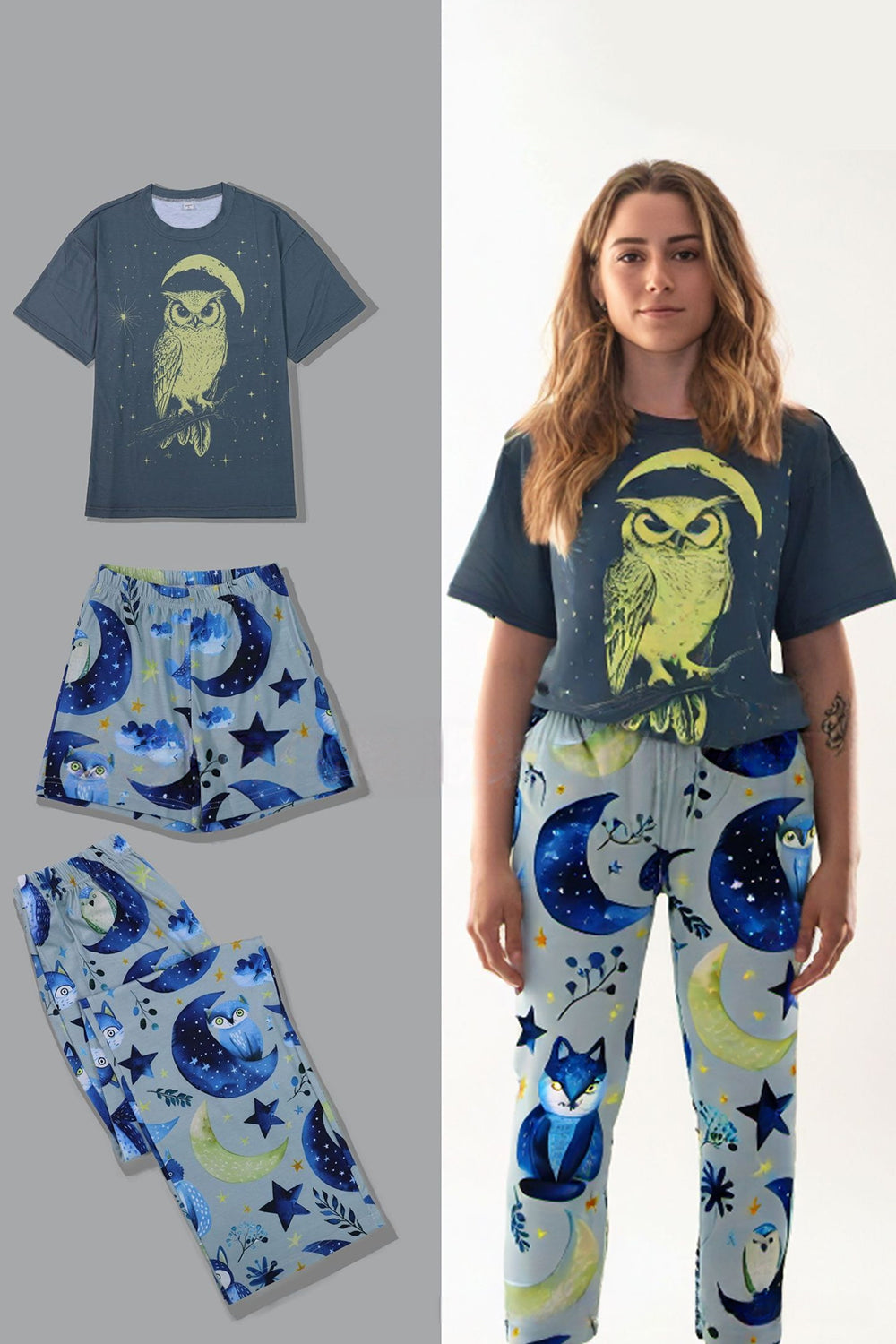 Grey Blue Luminous Printed  Short Sleeves Matching Family Pajamas