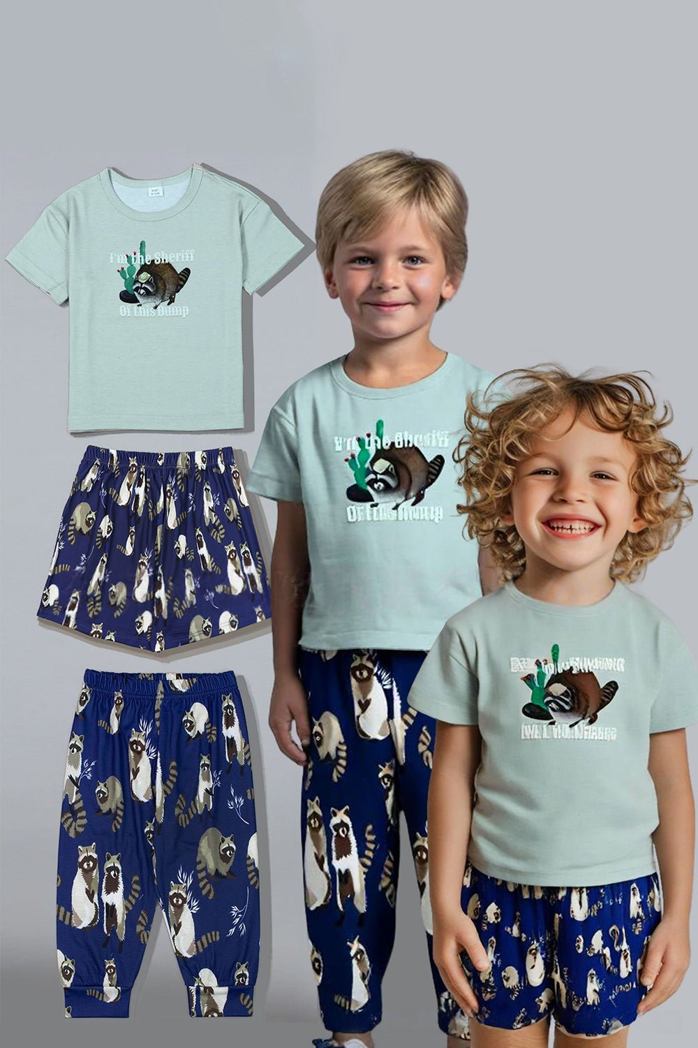 Light Green Animal Printed Short Sleeves Matching Family Pajamas