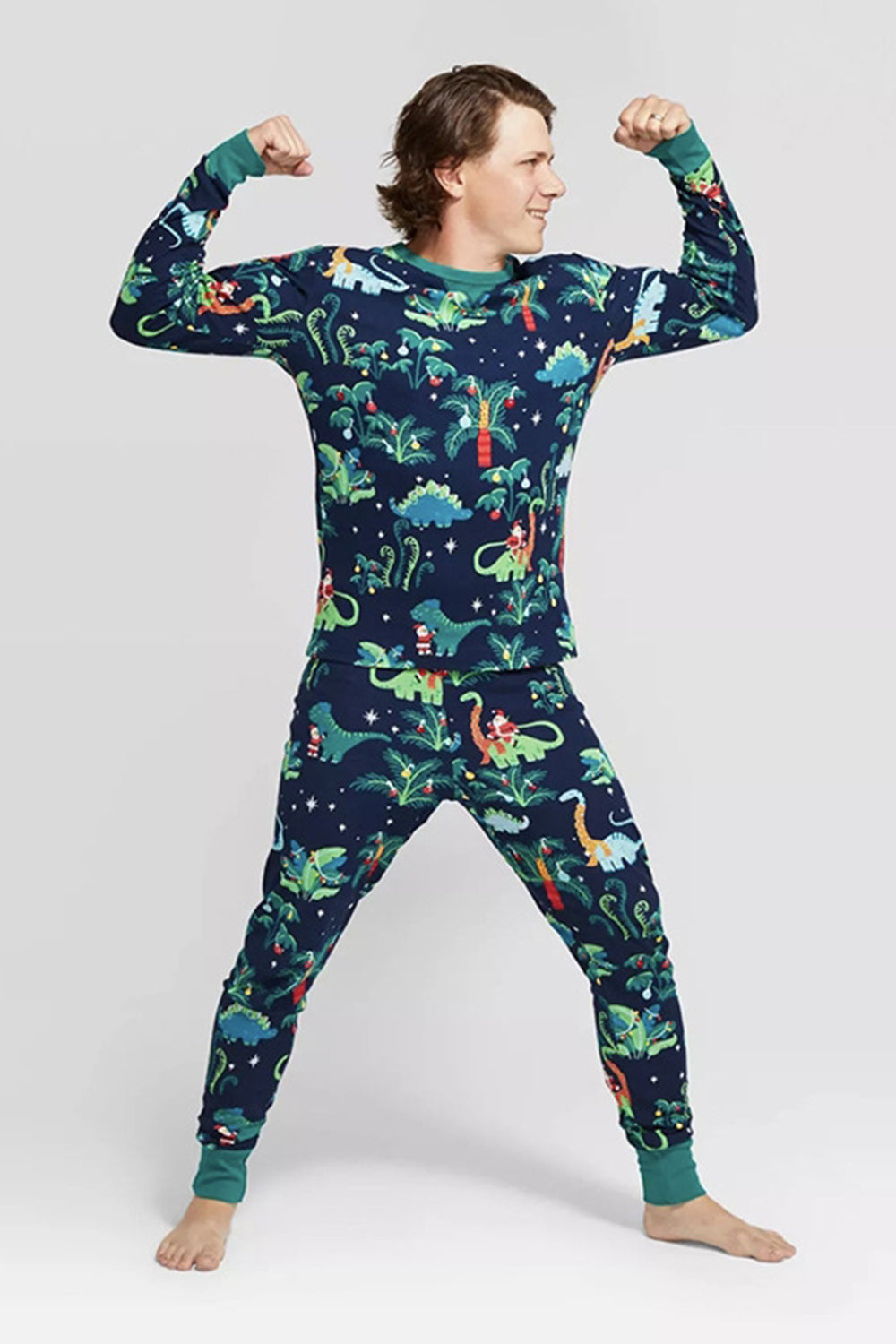 Navy Green Christmas Pattern Printed Long Sleeves Family Matching Pajamas