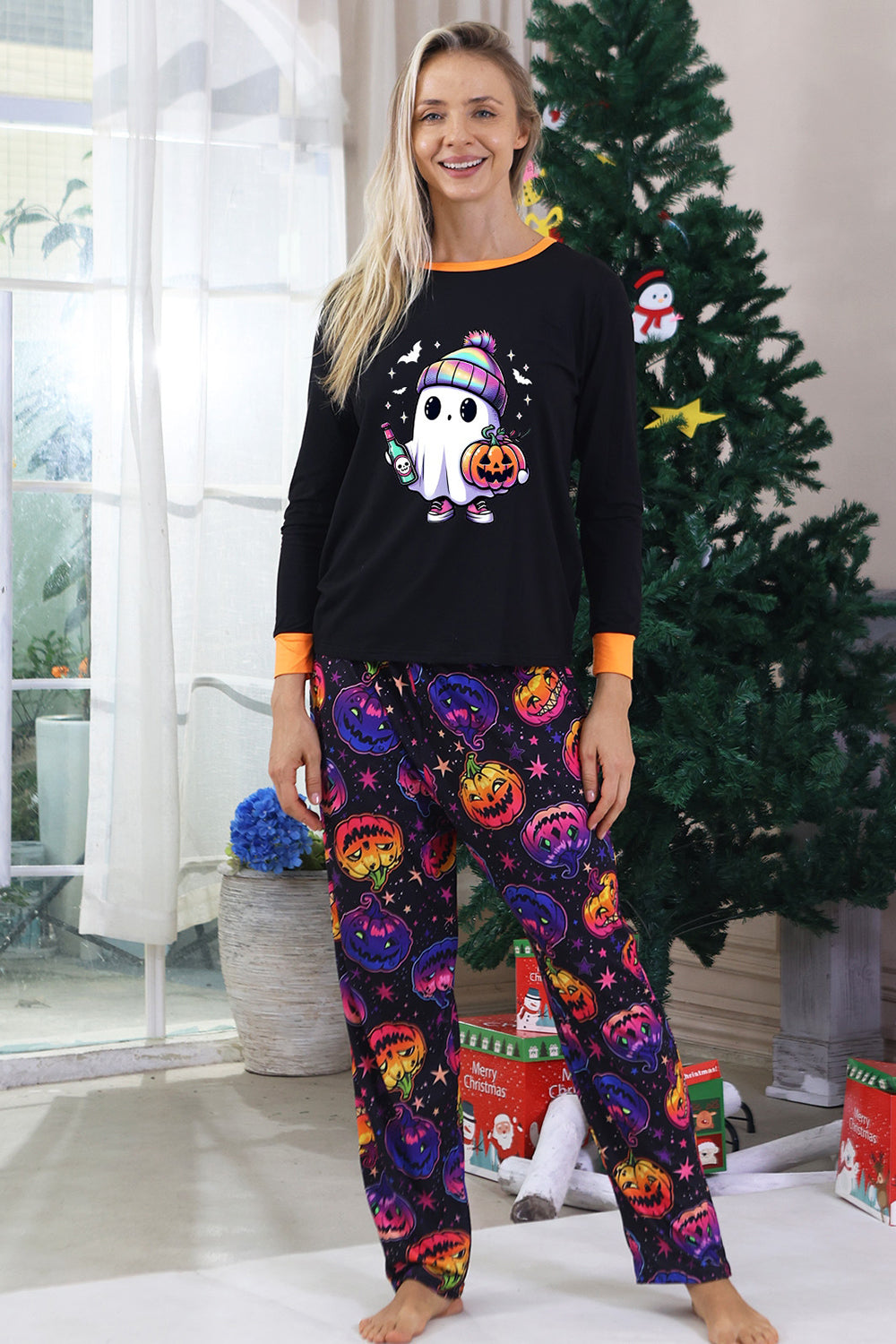Black Ghost Pumpkin Printed Long Sleeves Halloween Family Matching Pajamas