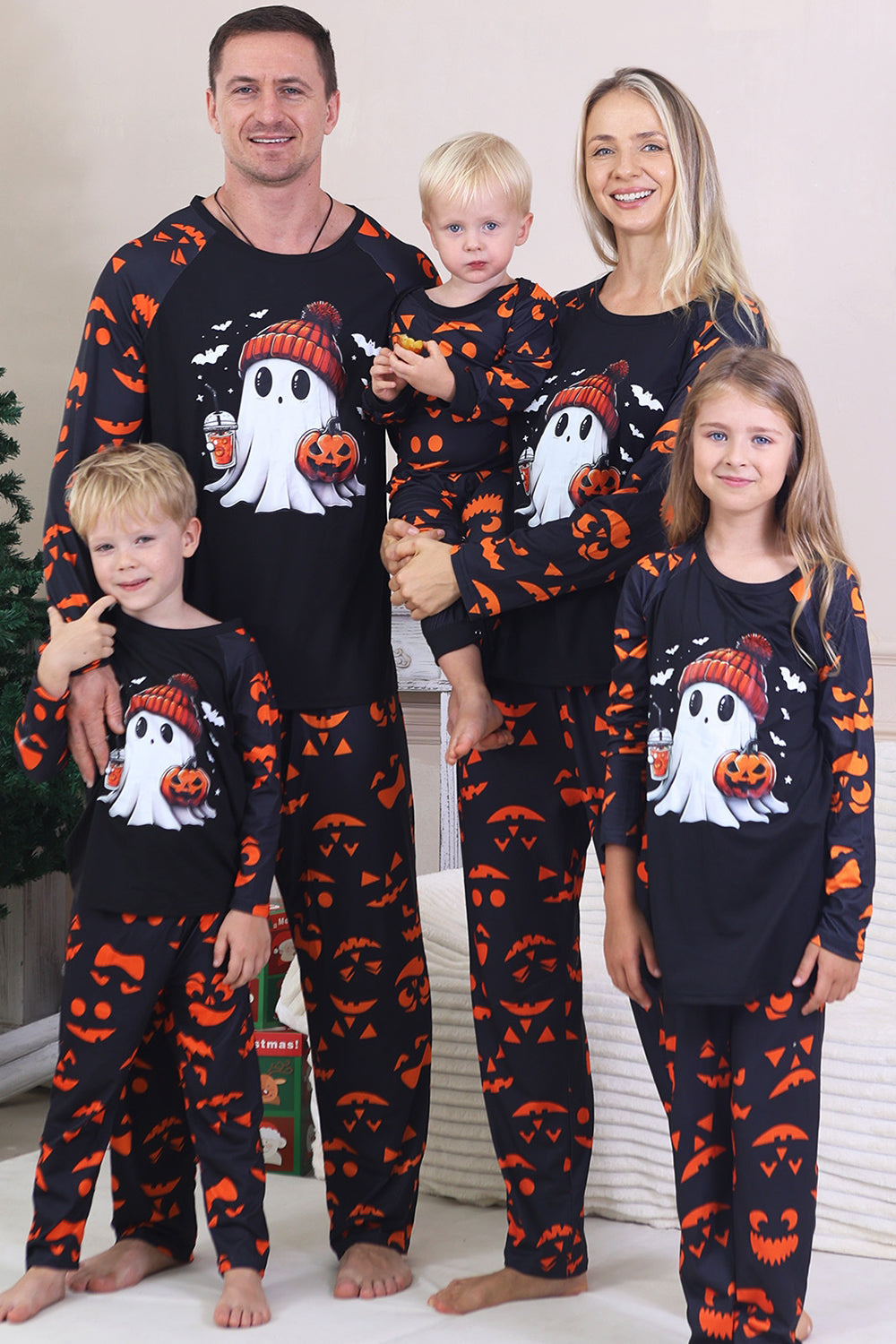 Navy Ghost Printed Long Sleeves Family Halloween Pajamas