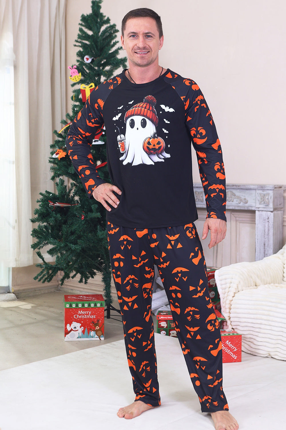 Navy Ghost Printed Long Sleeves Family Halloween Pajamas