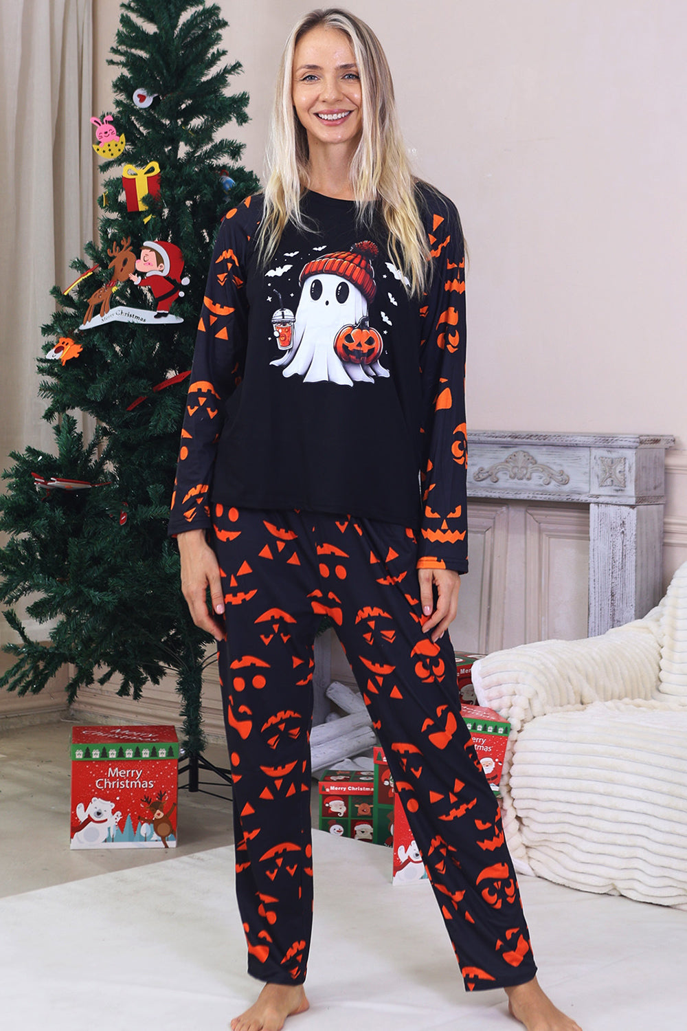Navy Ghost Printed Long Sleeves Family Halloween Pajamas