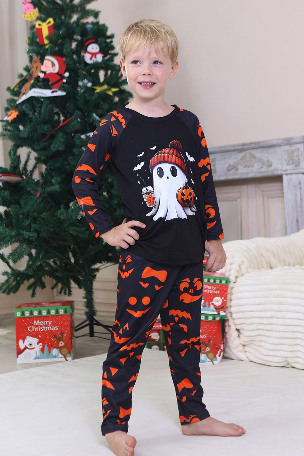Navy Ghost Printed Long Sleeves Family Halloween Pajamas