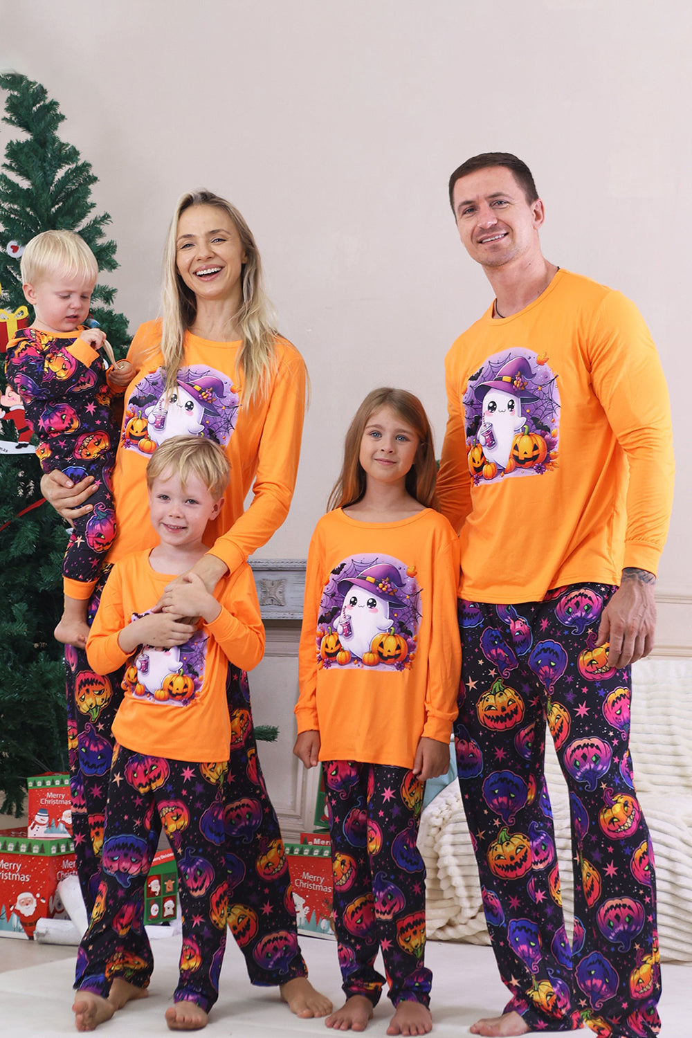 Orange Ghost Printed Long Sleeves Family Halloween Pajamas