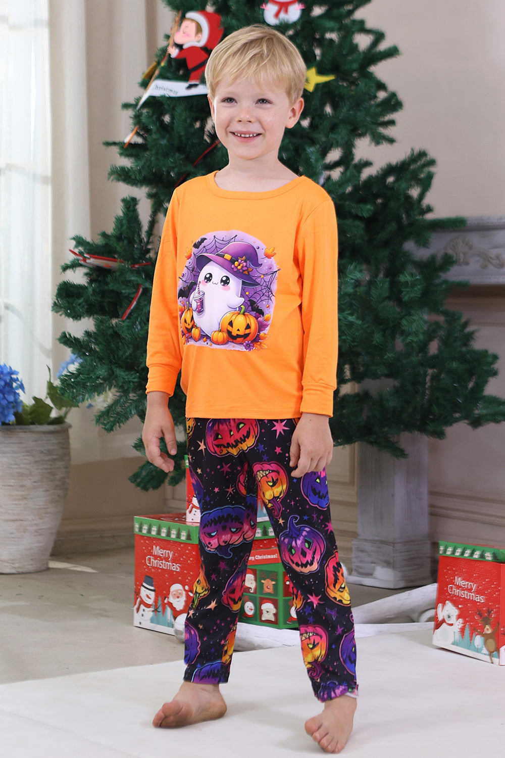 Orange Ghost Printed Long Sleeves Family Halloween Pajamas