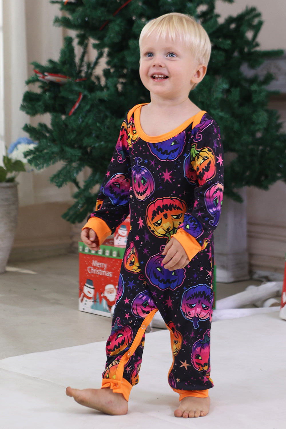 Orange Ghost Printed Long Sleeves Family Halloween Pajamas