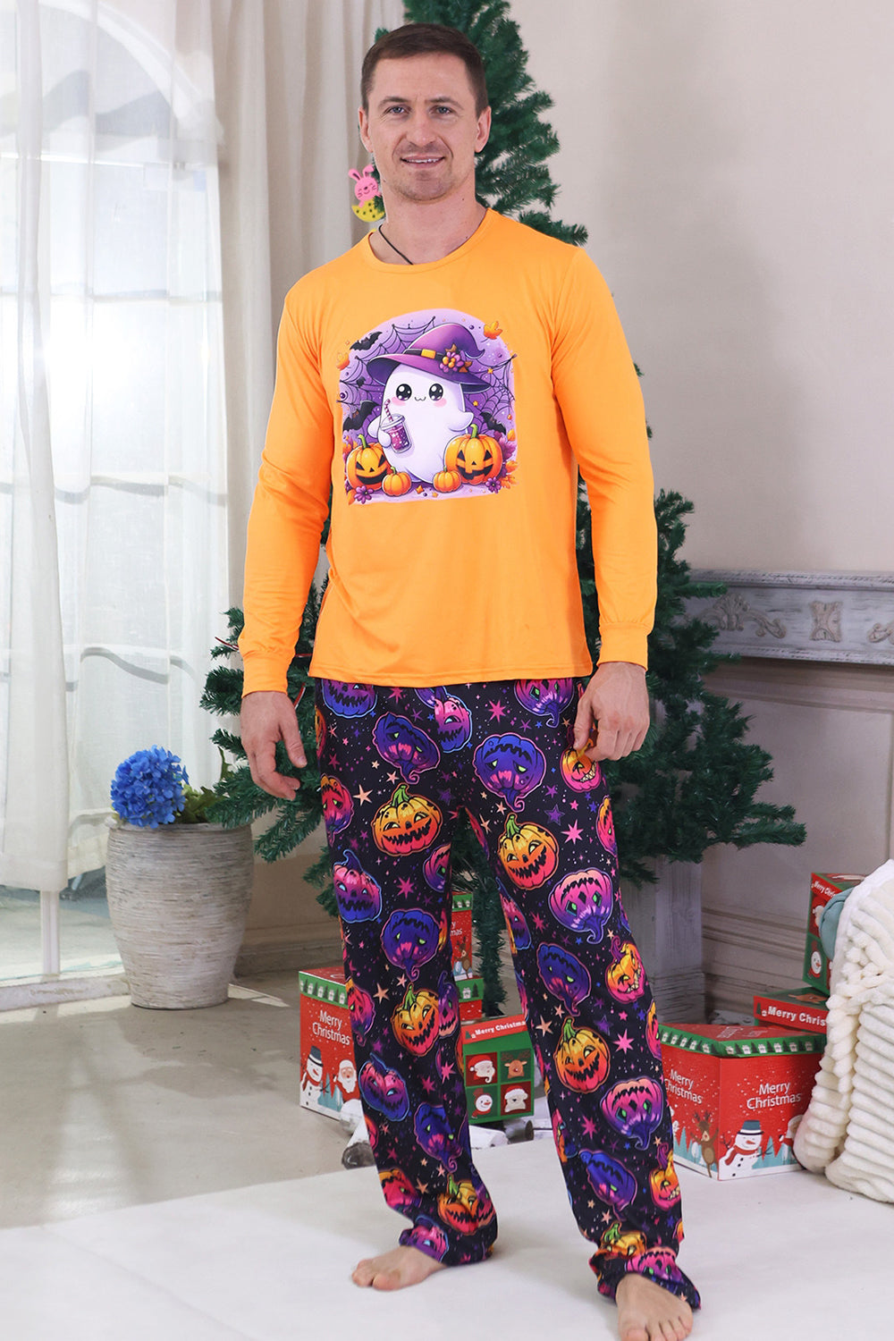Orange Ghost Printed Long Sleeves Family Halloween Pajamas