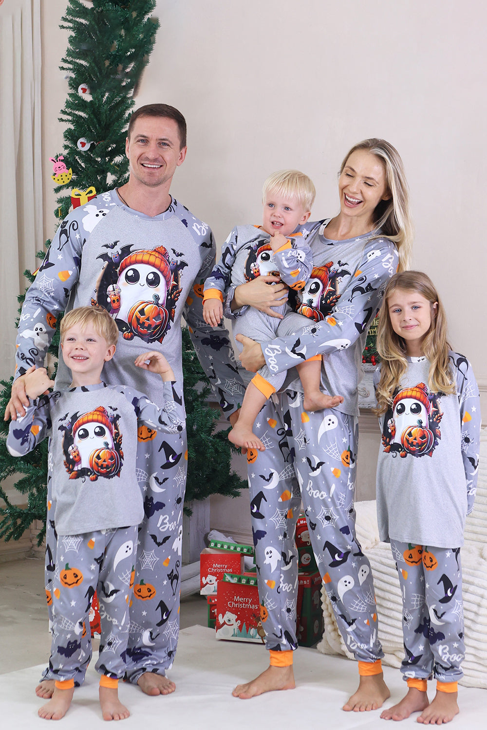 Grey Printed Long Sleeves Family Halloween Matching Pajamas
