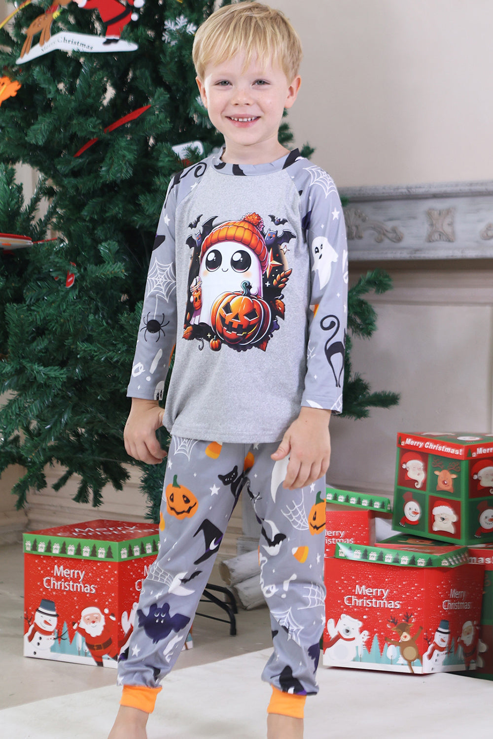 Grey Printed Long Sleeves Family Halloween Matching Pajamas