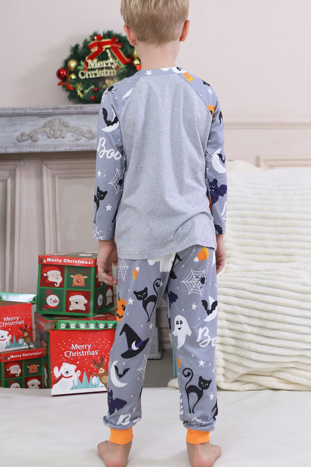 Grey Printed Long Sleeves Family Halloween Matching Pajamas