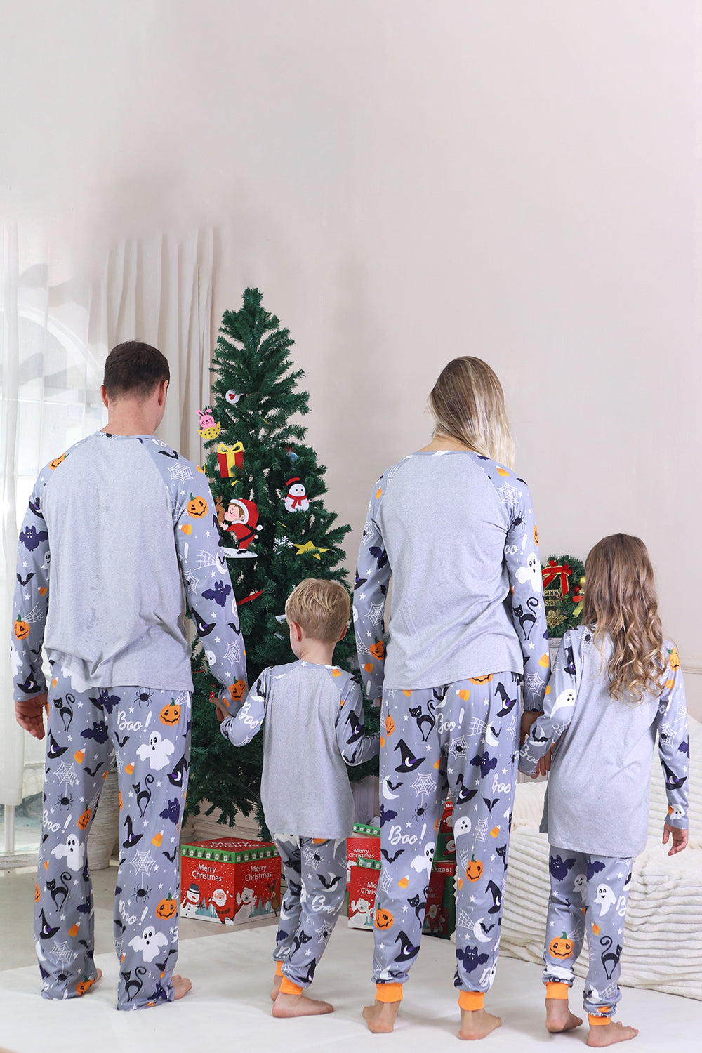Grey Printed Long Sleeves Family Halloween Matching Pajamas