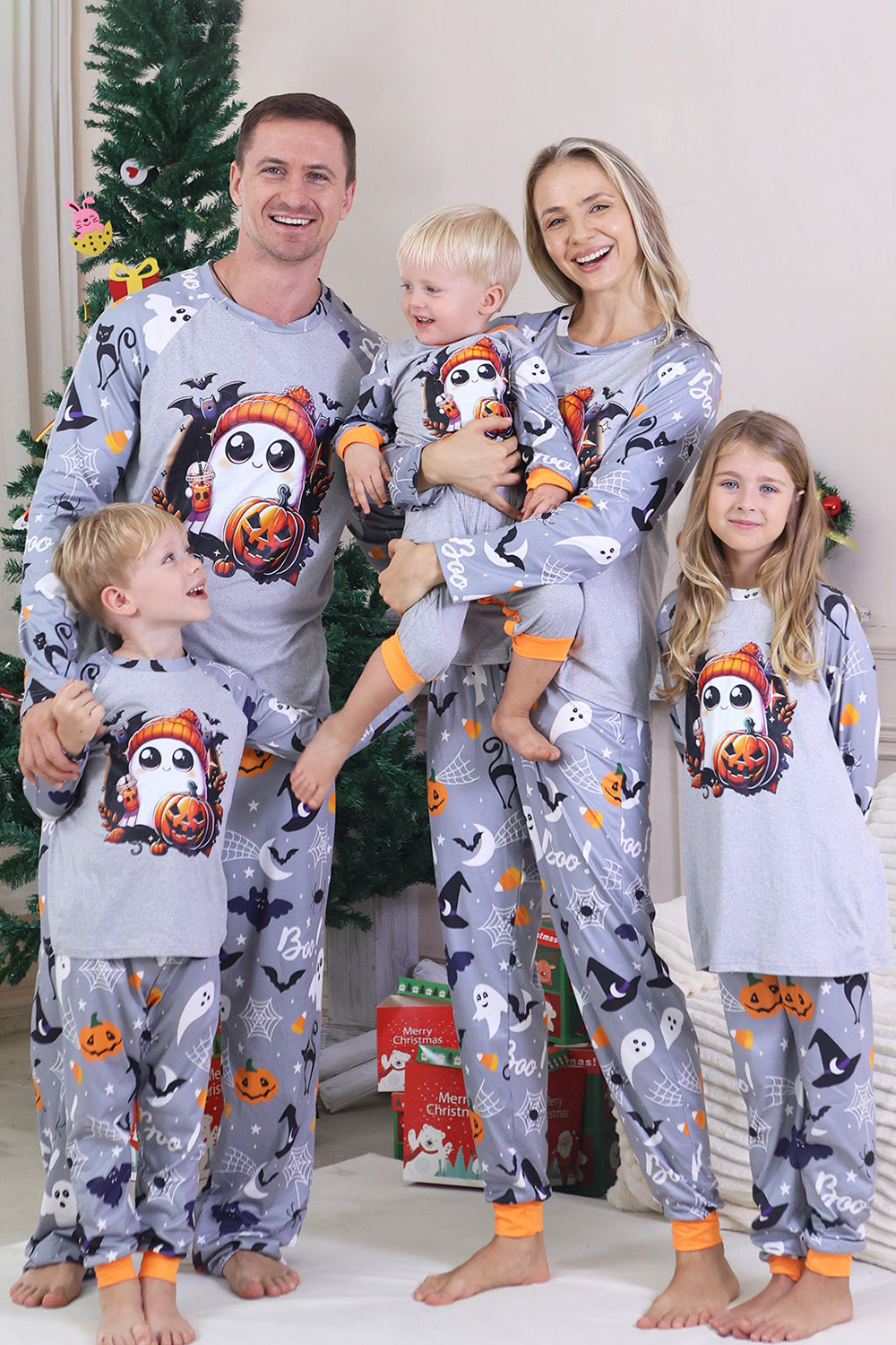 Grey Printed Long Sleeves Family Halloween Matching Pajamas