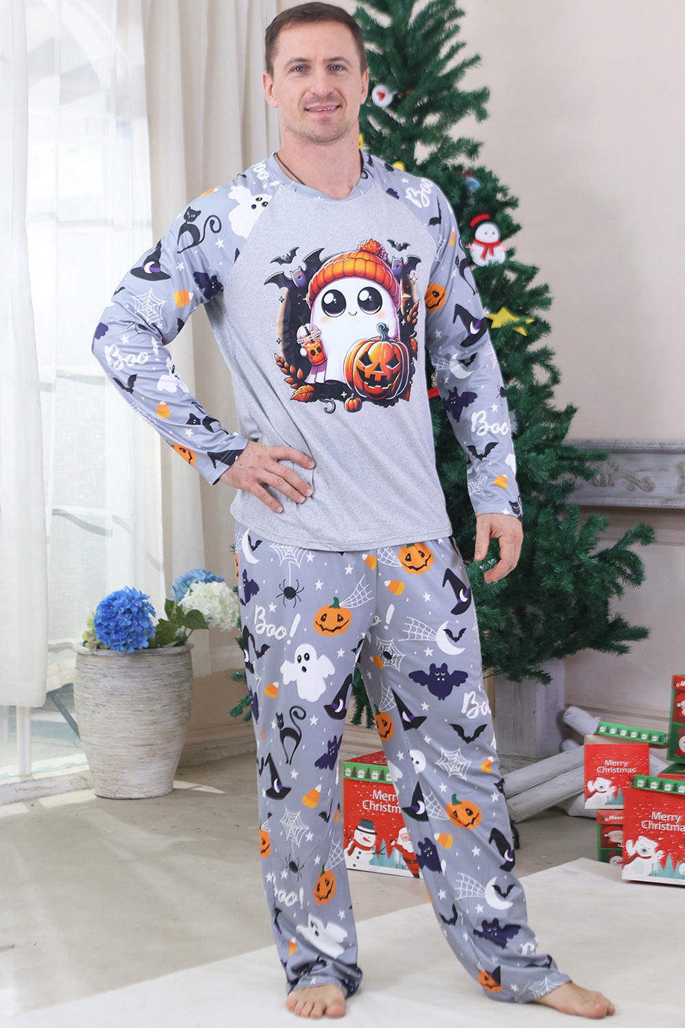 Grey Printed Long Sleeves Family Halloween Matching Pajamas