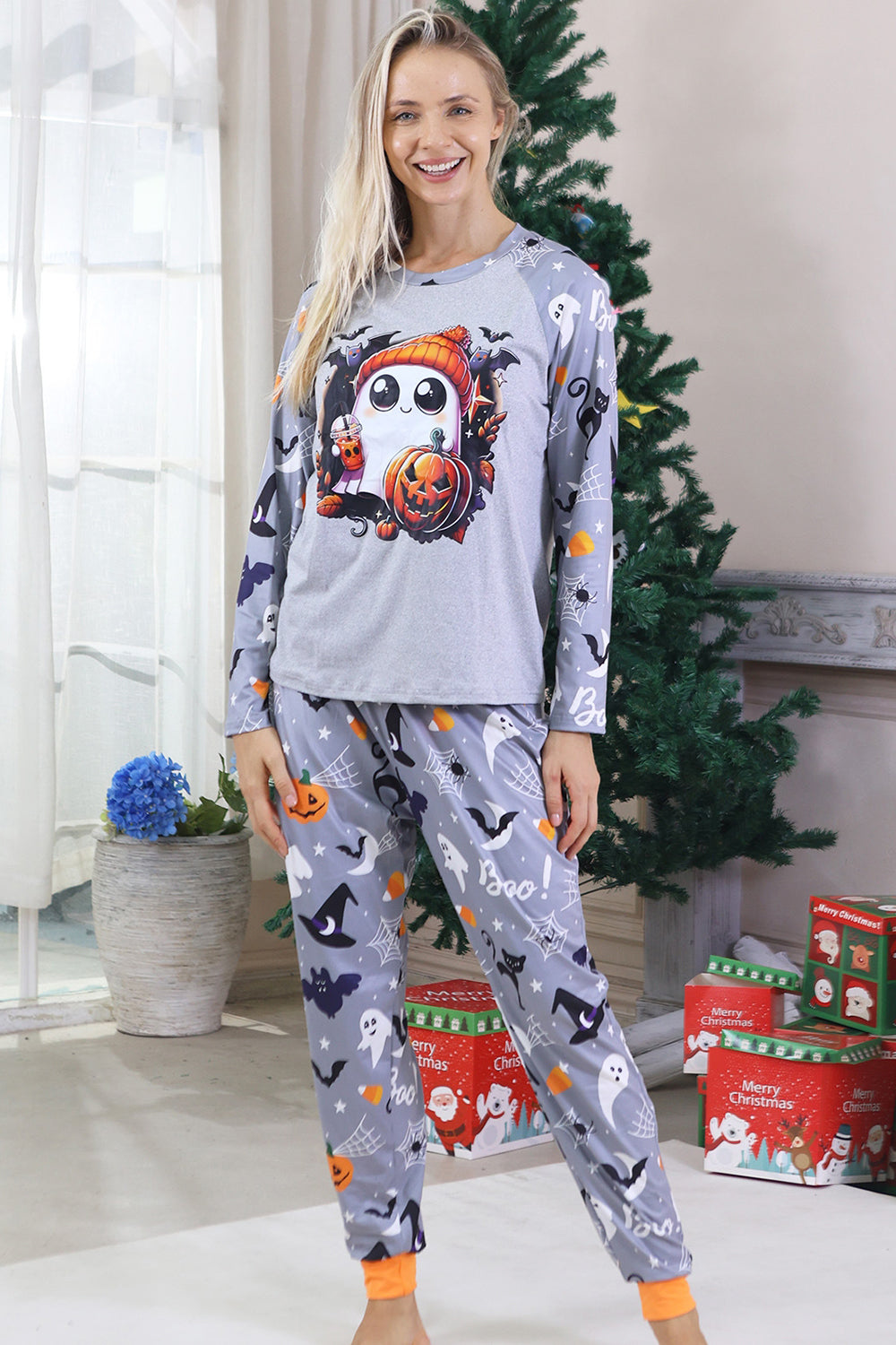 Grey Printed Long Sleeves Family Halloween Matching Pajamas