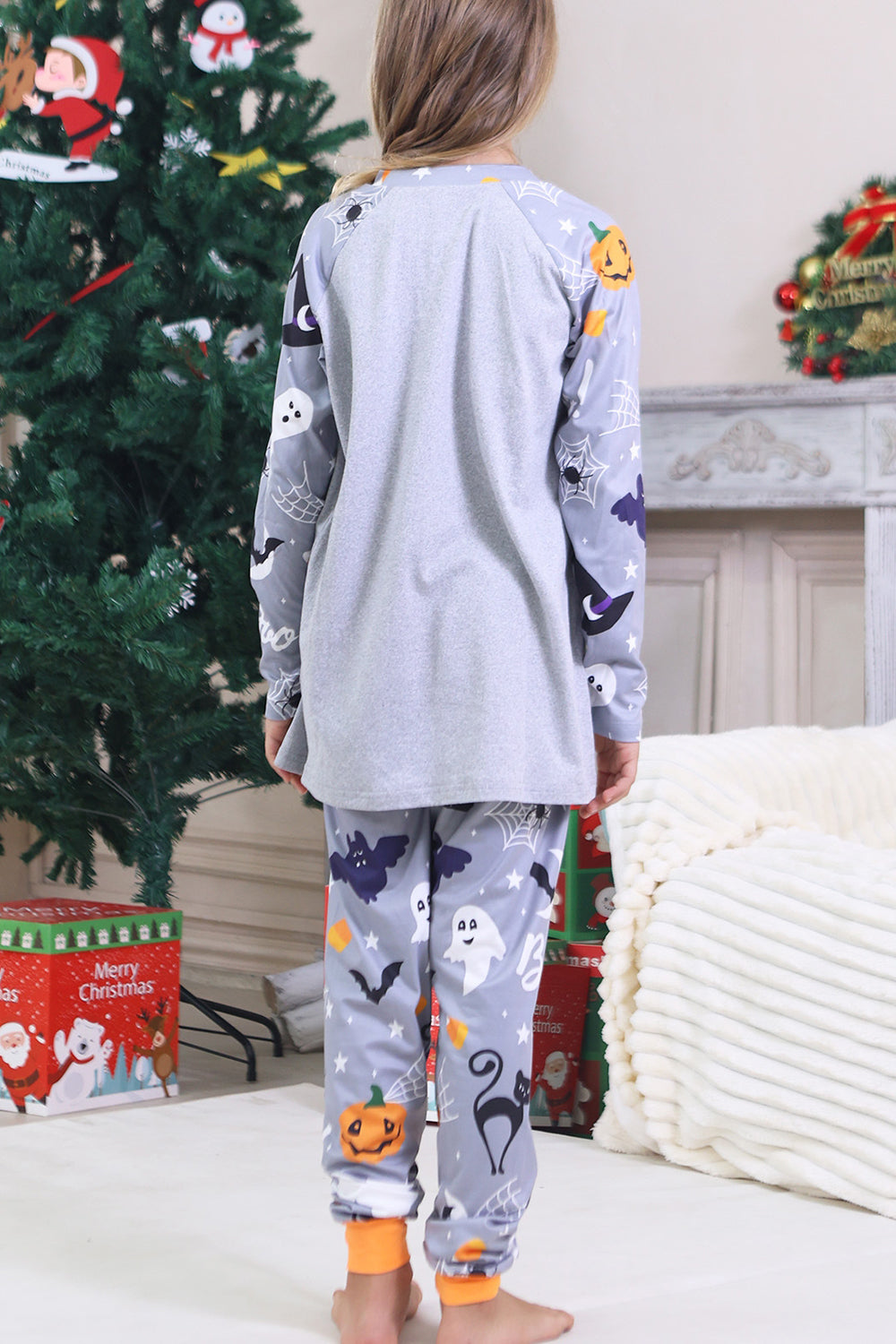 Grey Printed Long Sleeves Family Halloween Matching Pajamas