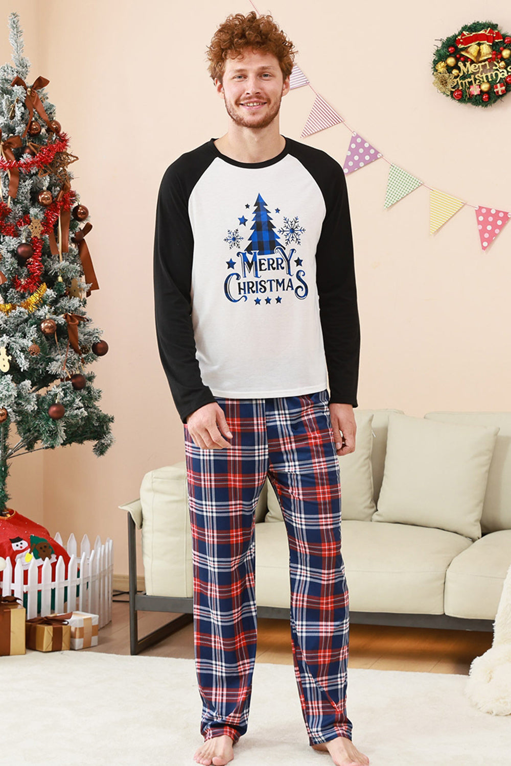 Black and White Plaid Tree Printed Christmas Family Matching Pajamas