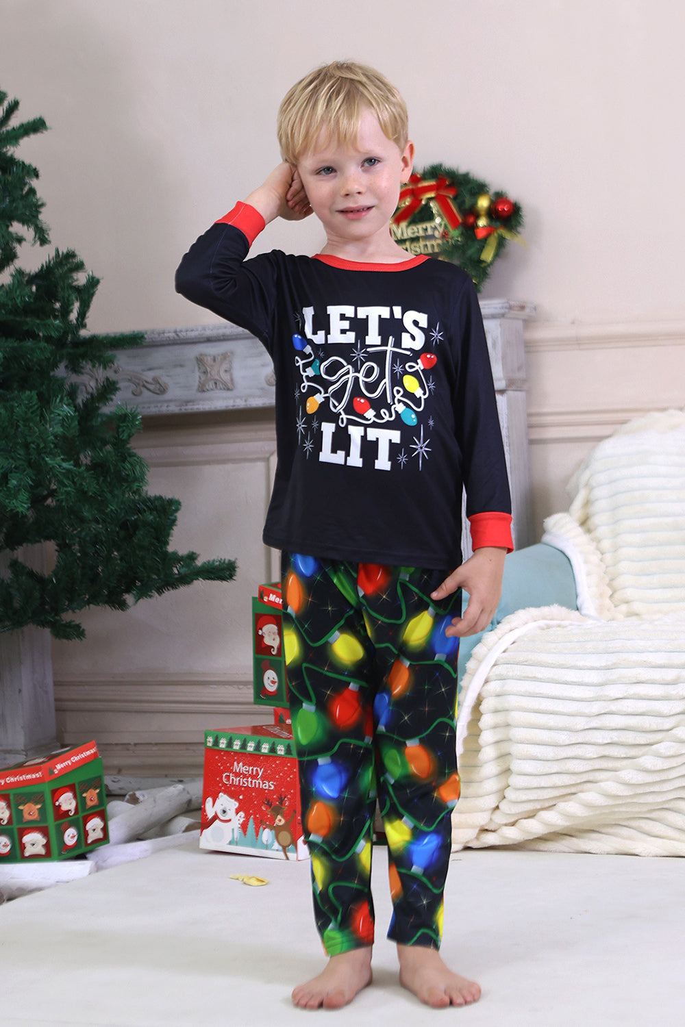 Navy Light Bulb Printed Long Sleeves Matching Family Pajamas