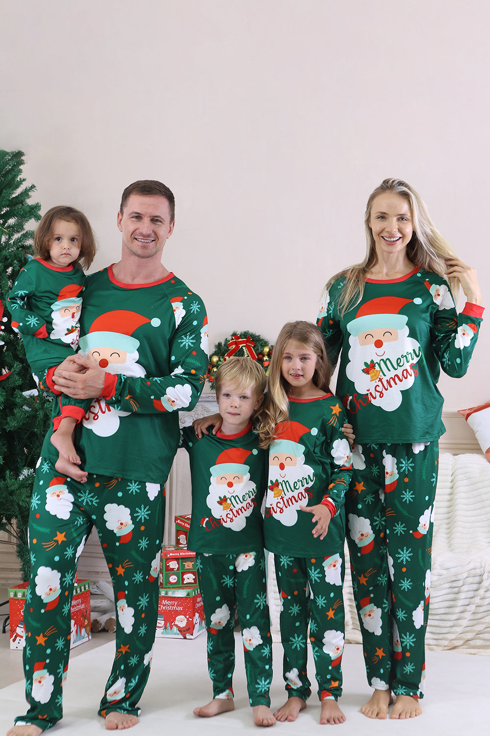 Dark Green Santa Printed Long Sleeves Christmas Family Matching Pajamas