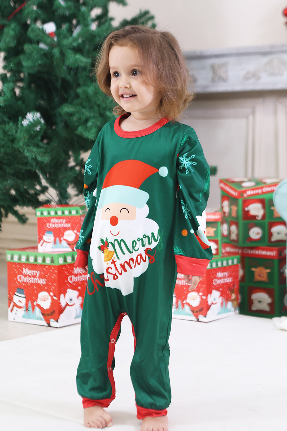 Dark Green Santa Printed Long Sleeves Christmas Family Matching Pajamas