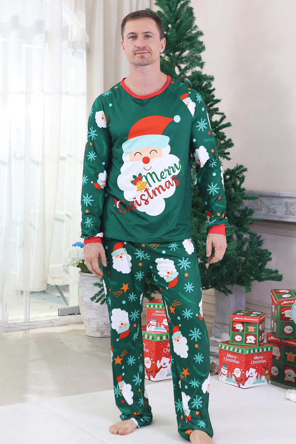 Dark Green Santa Printed Long Sleeves Christmas Family Matching Pajamas