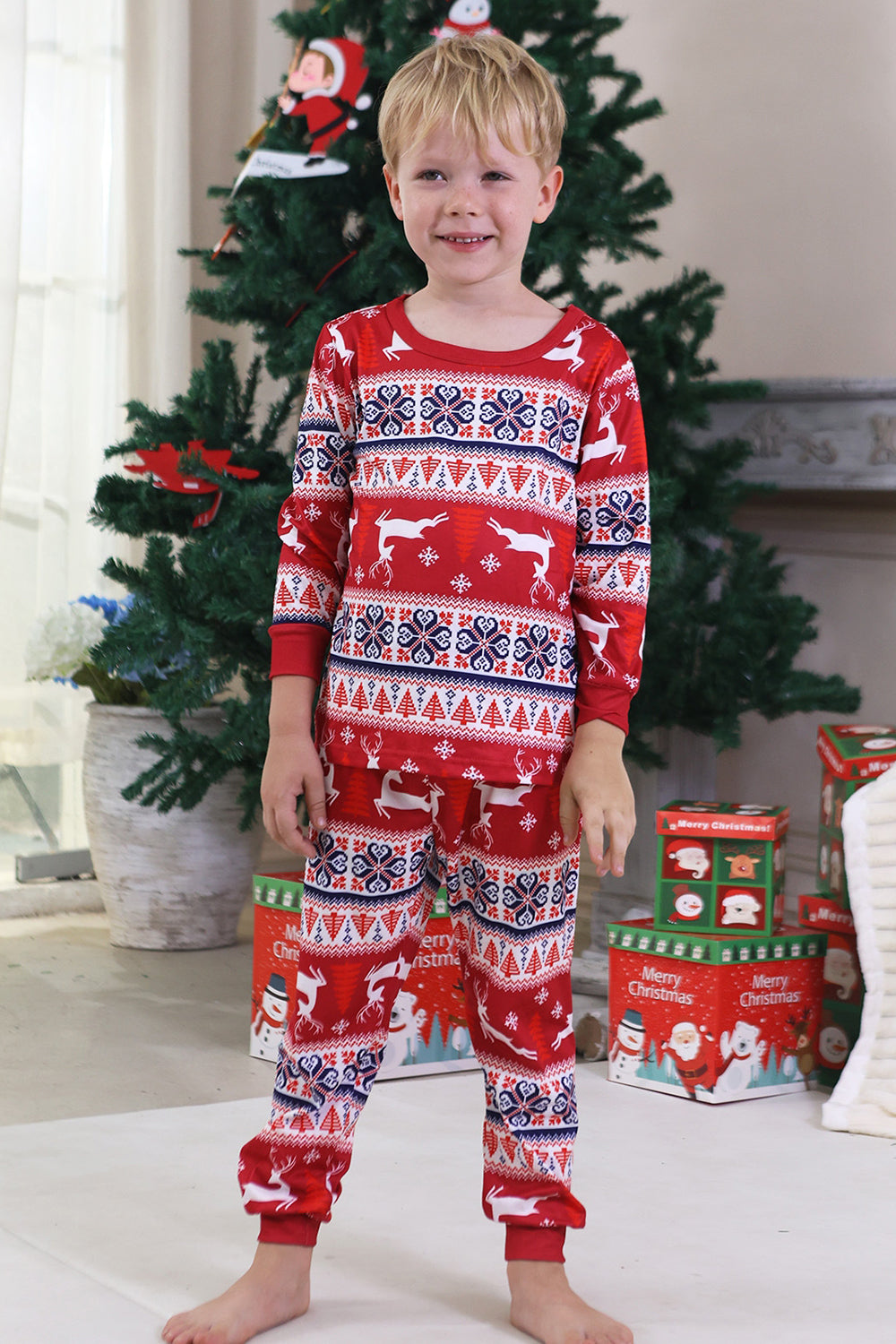 Red Winter Reindeer Printed Christmas Family Matching Pajamas