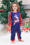 Royal Blue Reindeer Printed Plaid Christmas Matching Family Pajamas