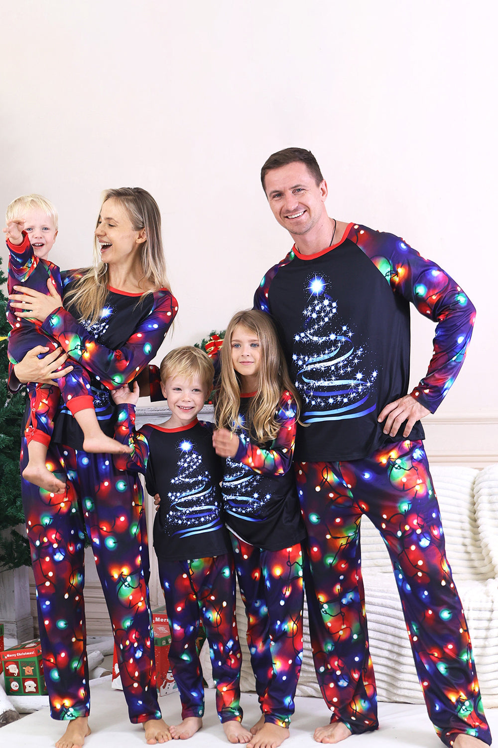 Navy Lights Tree Printed Christmas Family Matching Pajamas